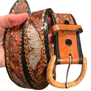 Vintage Western 3D Eagle Aztec BELT Cactus Embossed Brown LEATHER 34-38”HANDMADE